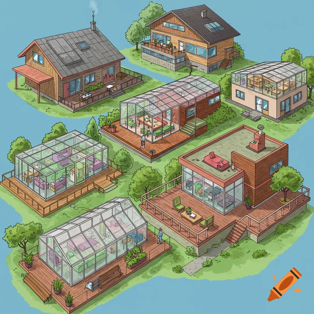 Isometric illustration of multiple houses with greenhouse additions.