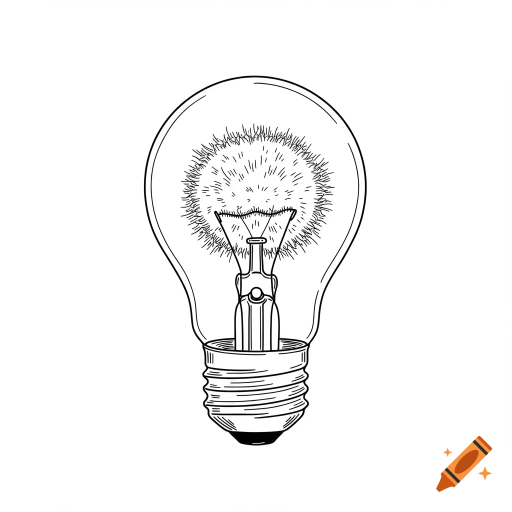 Black and white line illustration of a light bulb with a fuzzy filament.