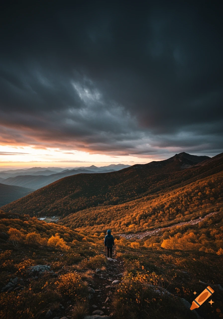 A person stands on a hill overlooking an autumn mountain valley under a dramatic sky.