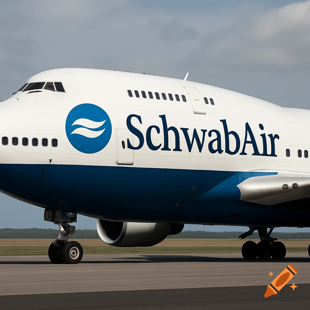 Close-up of a white and blue Boeing 747 airplane with the SchwabAir logo on its side.