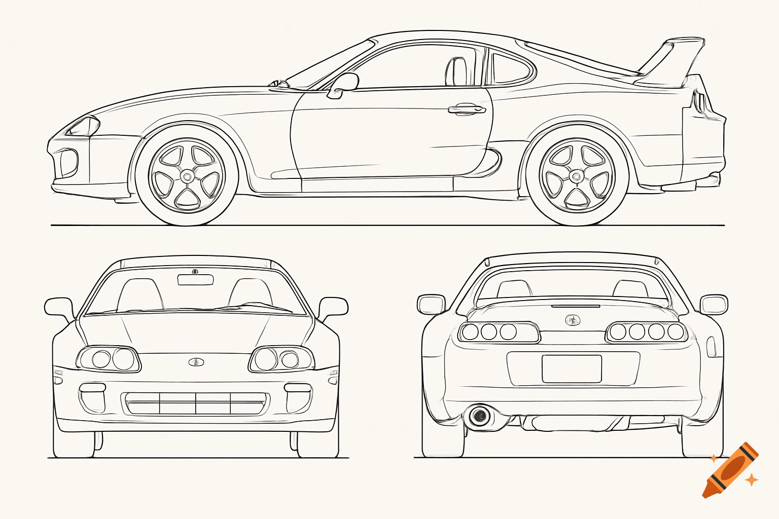 Line drawing blueprint of a Toyota Supra showing side, front, and rear views.