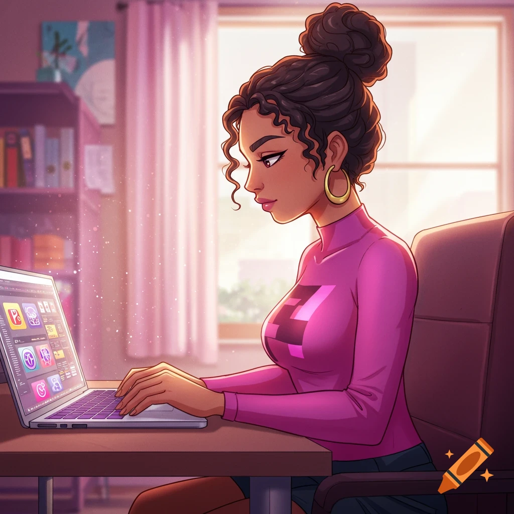 Anime style illustration of a woman with her hair in a bun, working on a laptop at a desk.