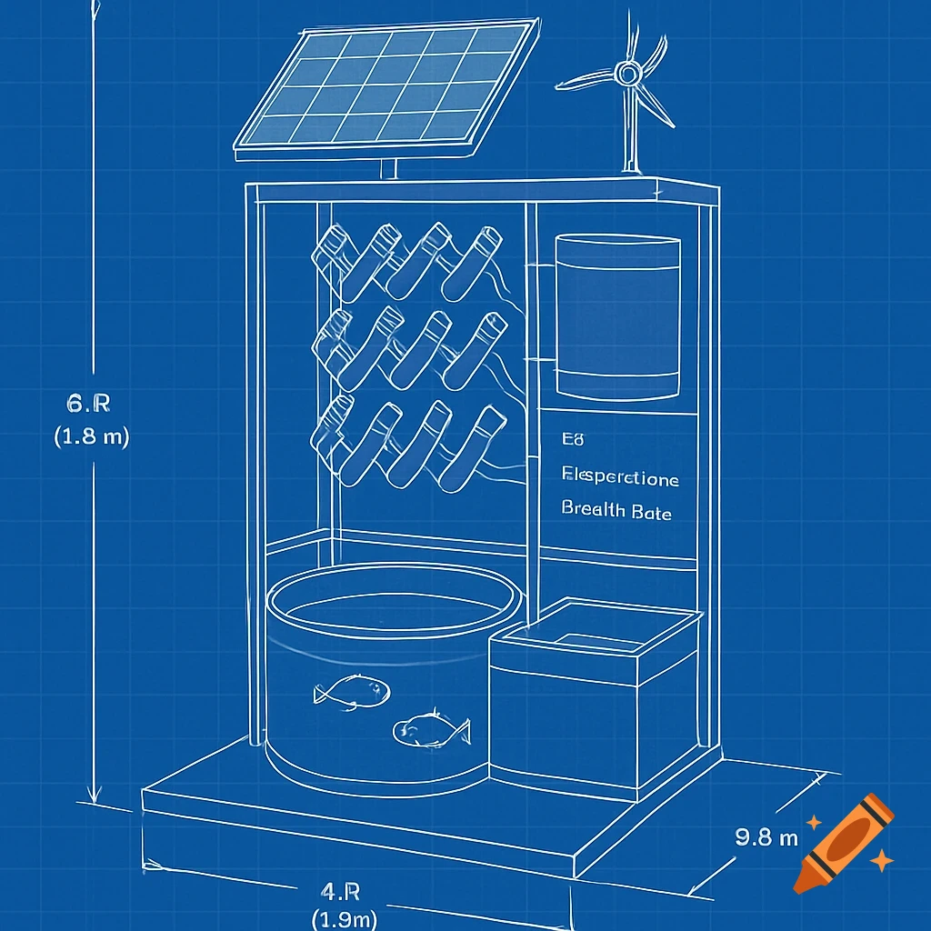 Blueprint schematic of a vertical farming or aquaponics system with fish tank, pipes, solar panel, and wind turbine.