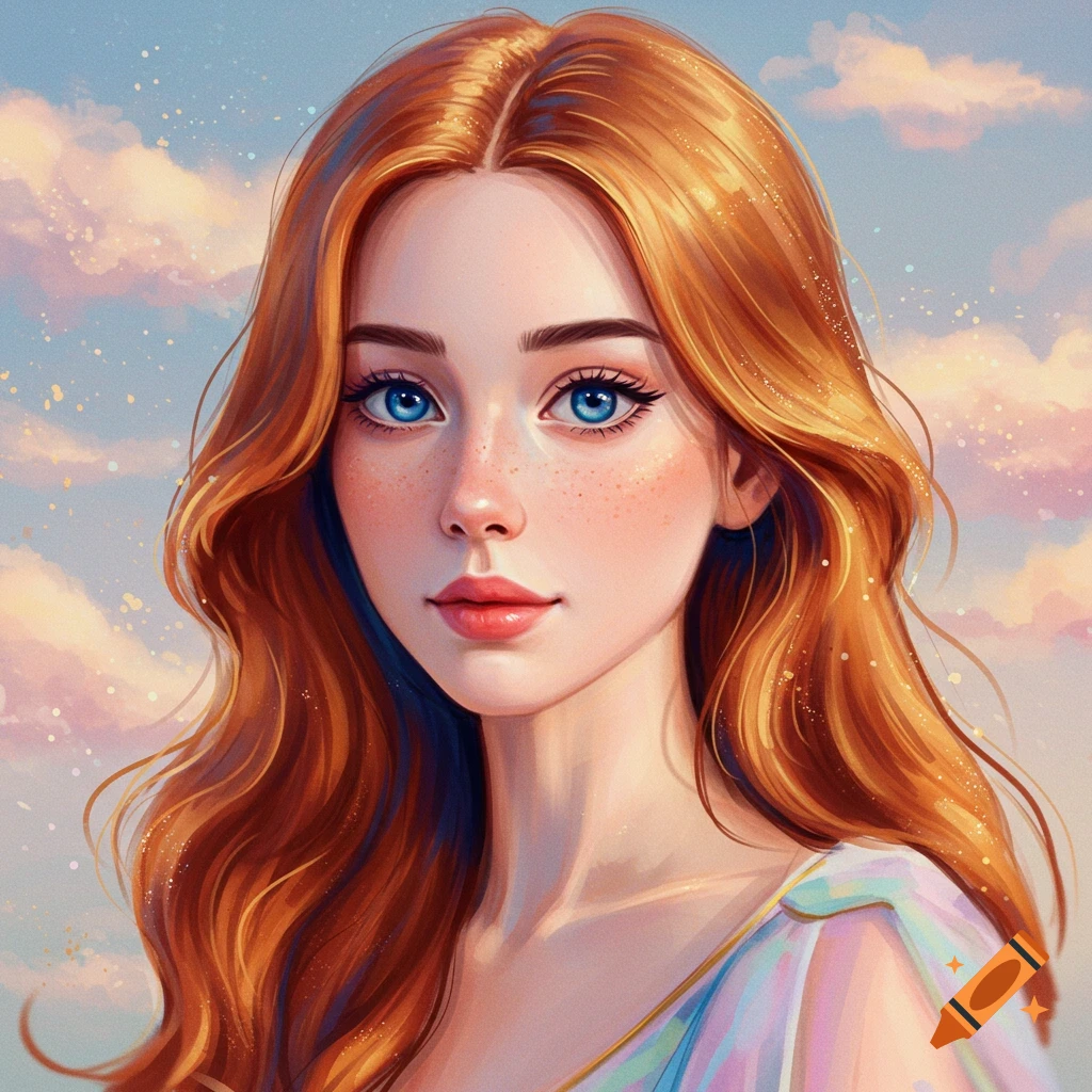 A young woman with long red hair and blue eyes against a cloudy sky background.