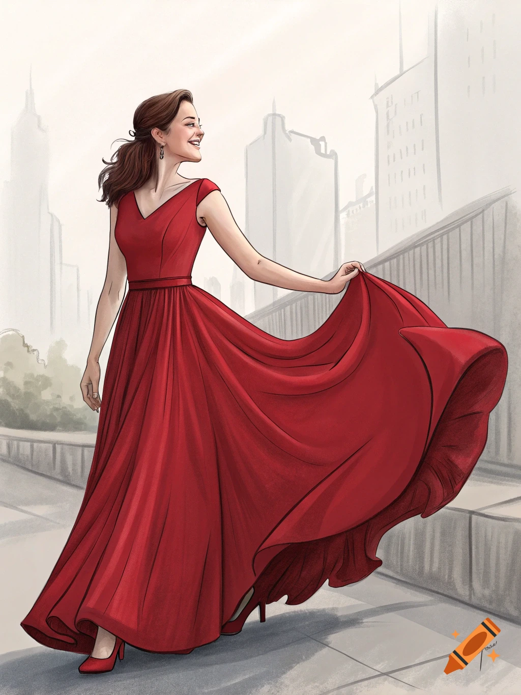 Illustration of a woman in a flowing red dress walking in a city.