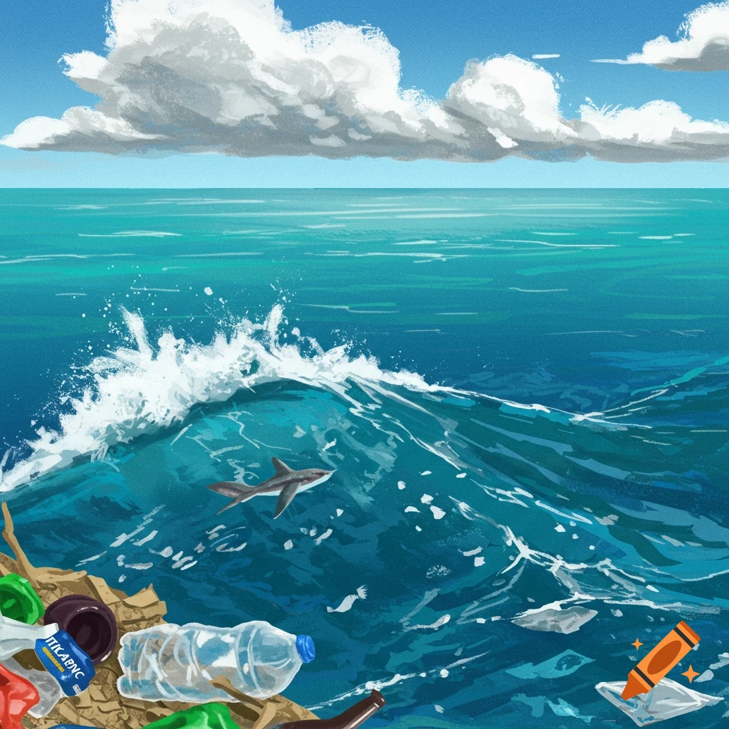 A shark swims in a polluted ocean wave, with plastic trash littering the shore.
