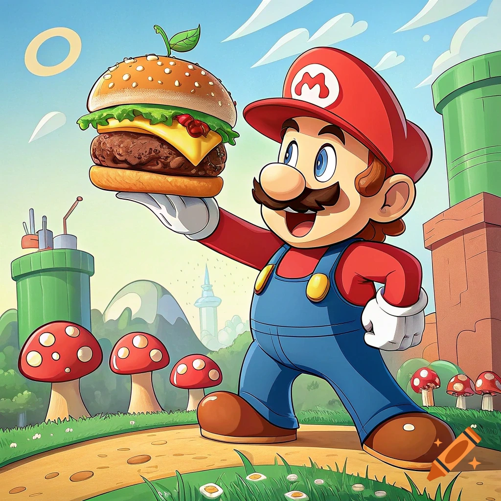Cartoon Super Mario holding a smash burger in a bright outdoor setting with mushrooms and pipes.