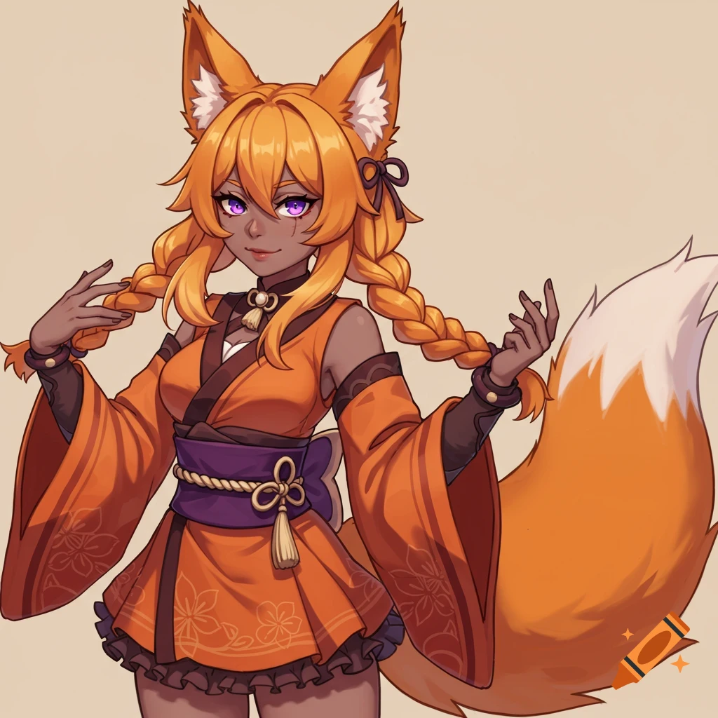 Anime style fantasy character with fox ears and tail, orange braided hair, purple eyes, dark skin, wearing an orange kimono.