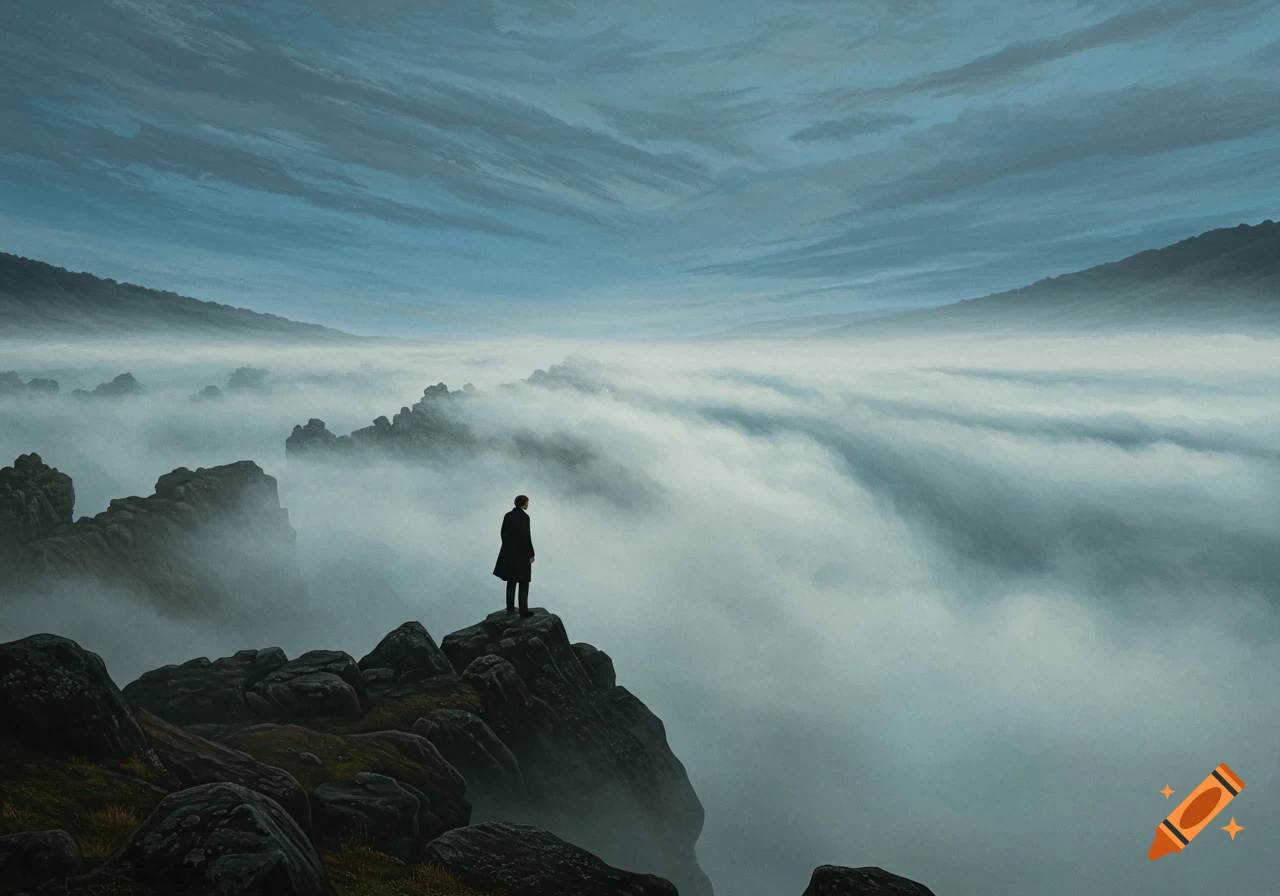 A person stands on a rock overlooking a vast landscape of mountains and fog, in a painterly style.