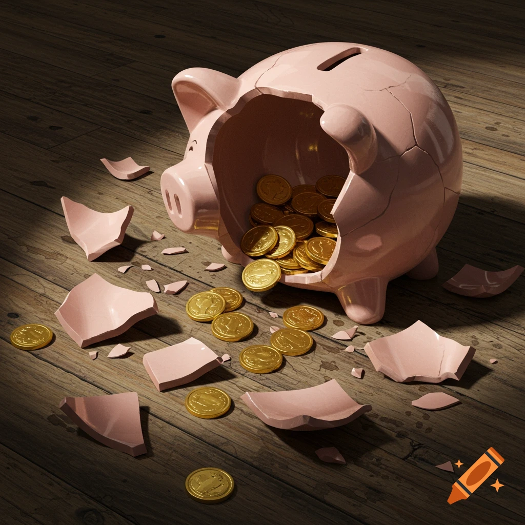 A broken pink piggy bank lies on a wooden floor, spilling gold coins and surrounded by broken pieces.