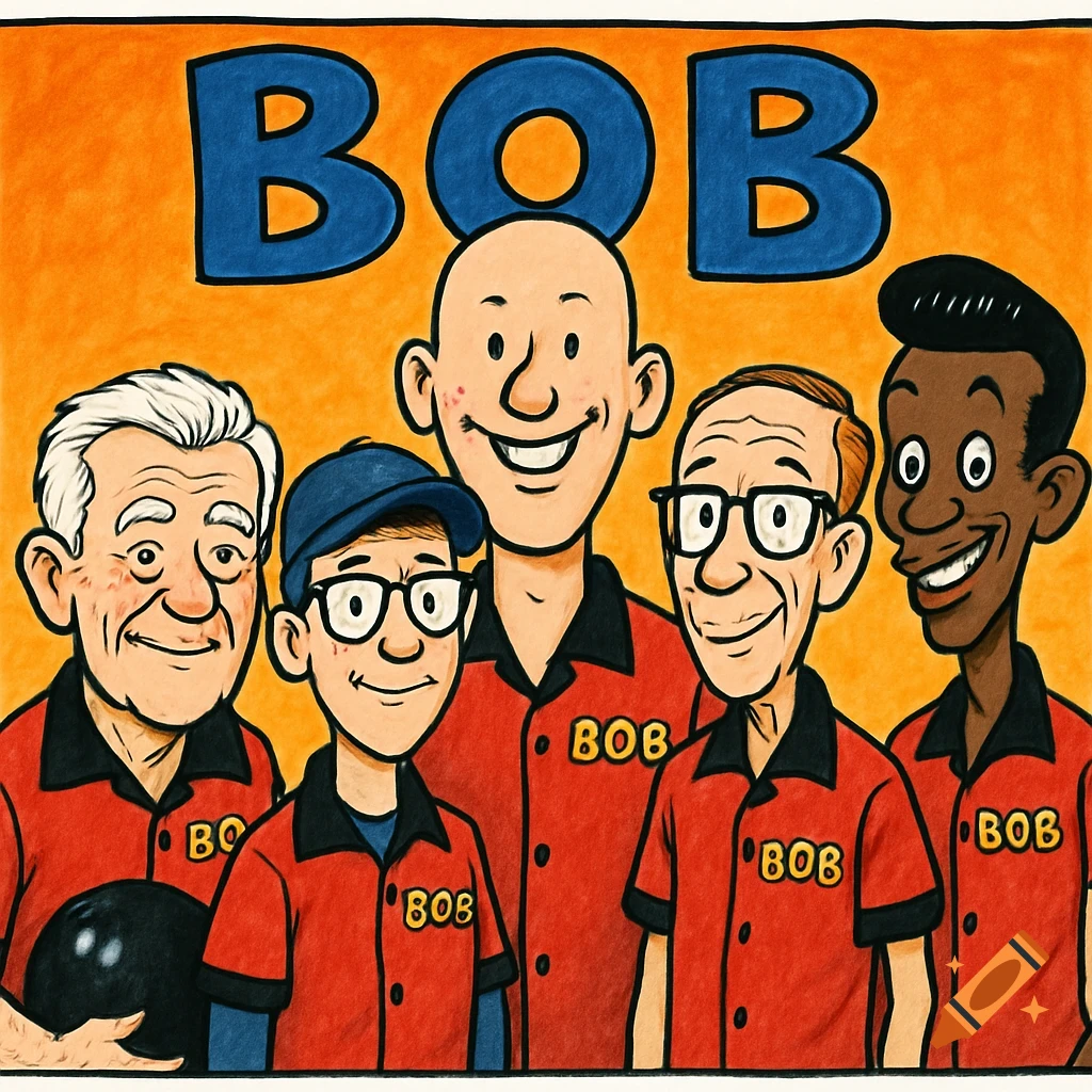 Cartoon drawing of five men in bowling shirts with the name "BOB" above them. One man holds a bowling ball.