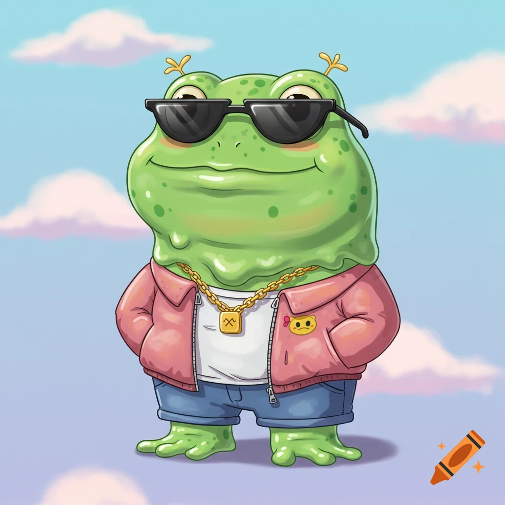 Cartoon frog wearing sunglasses, a pink jacket, denim shorts, and a gold chain against a cloudy sky.