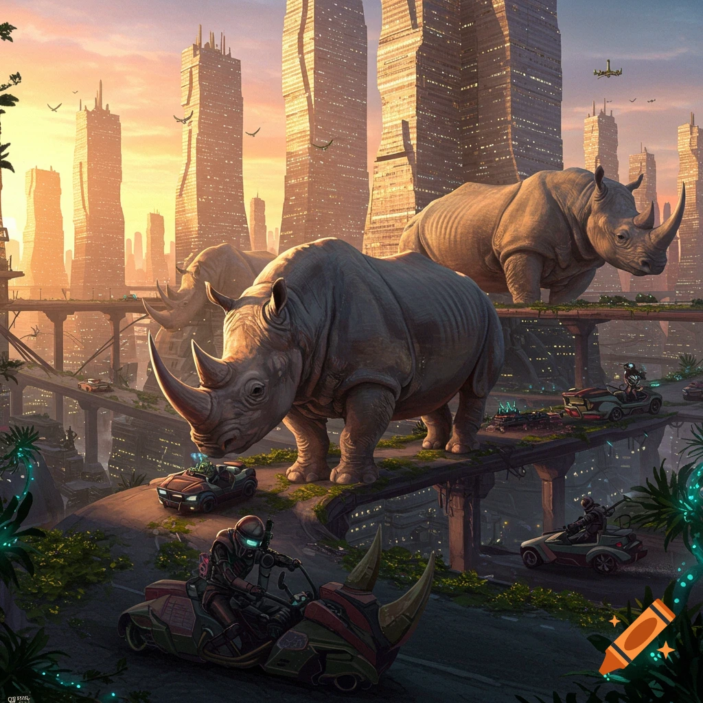 Giant rhinos on elevated roads in a futuristic city with sci-fi vehicles below at sunset.
