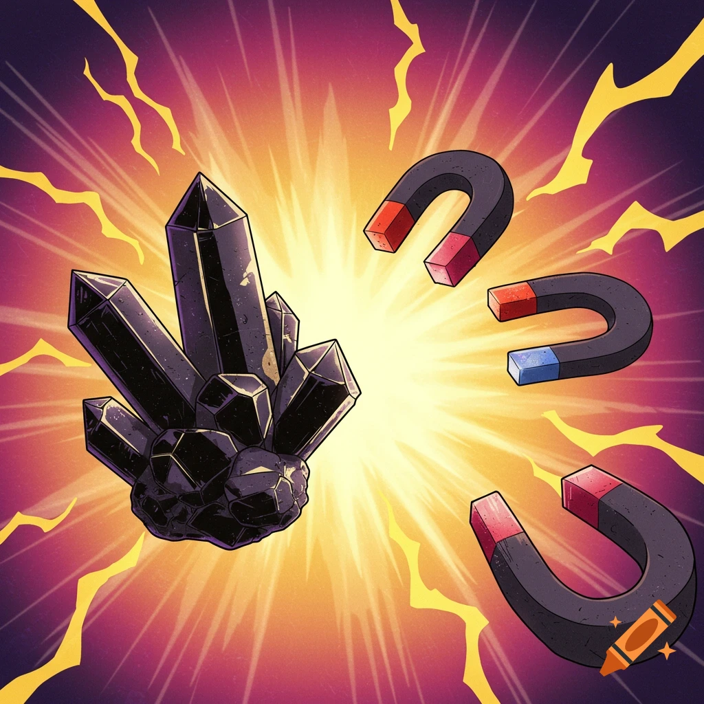 Illustration of black crystals attracted to horseshoe magnets