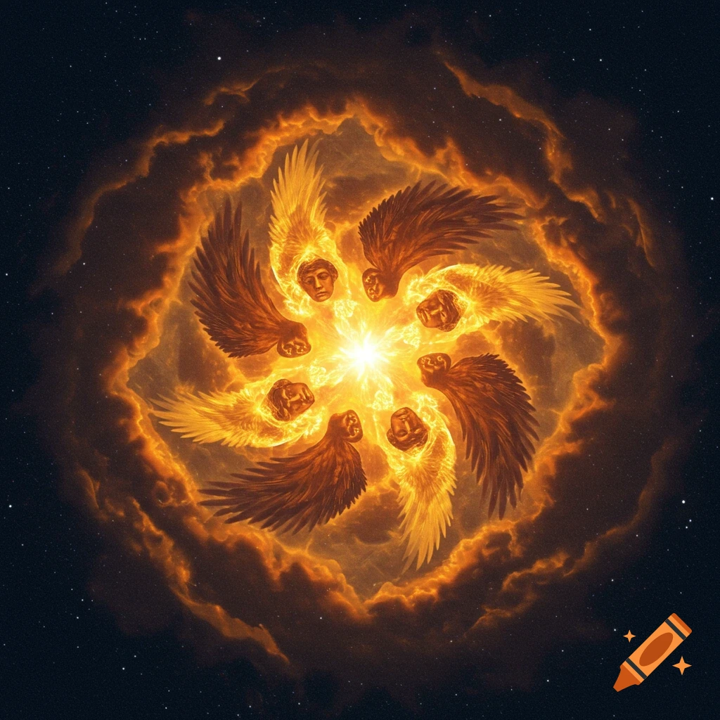 Multiple winged faces surrounded by fire and clouds in space