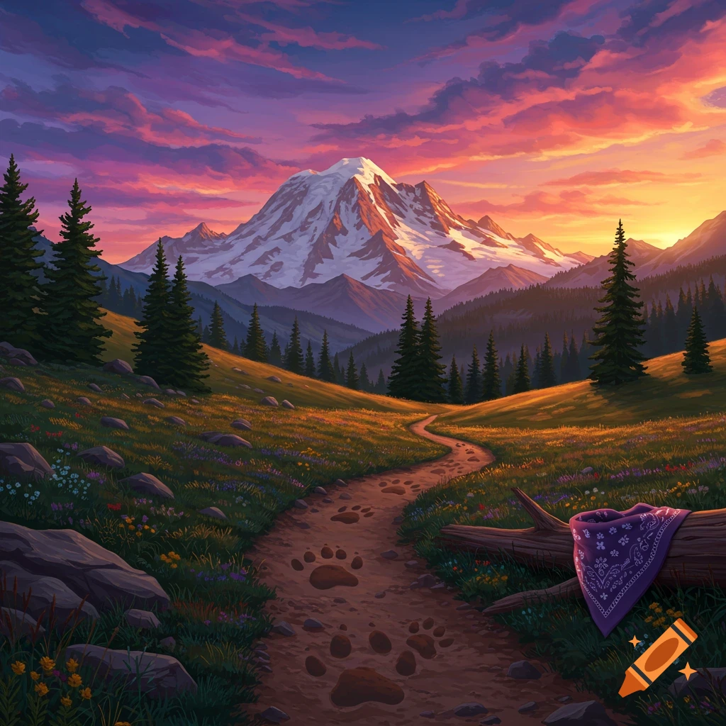 Mountain landscape with a paw print trail, a purple bandana, and a sunset sky