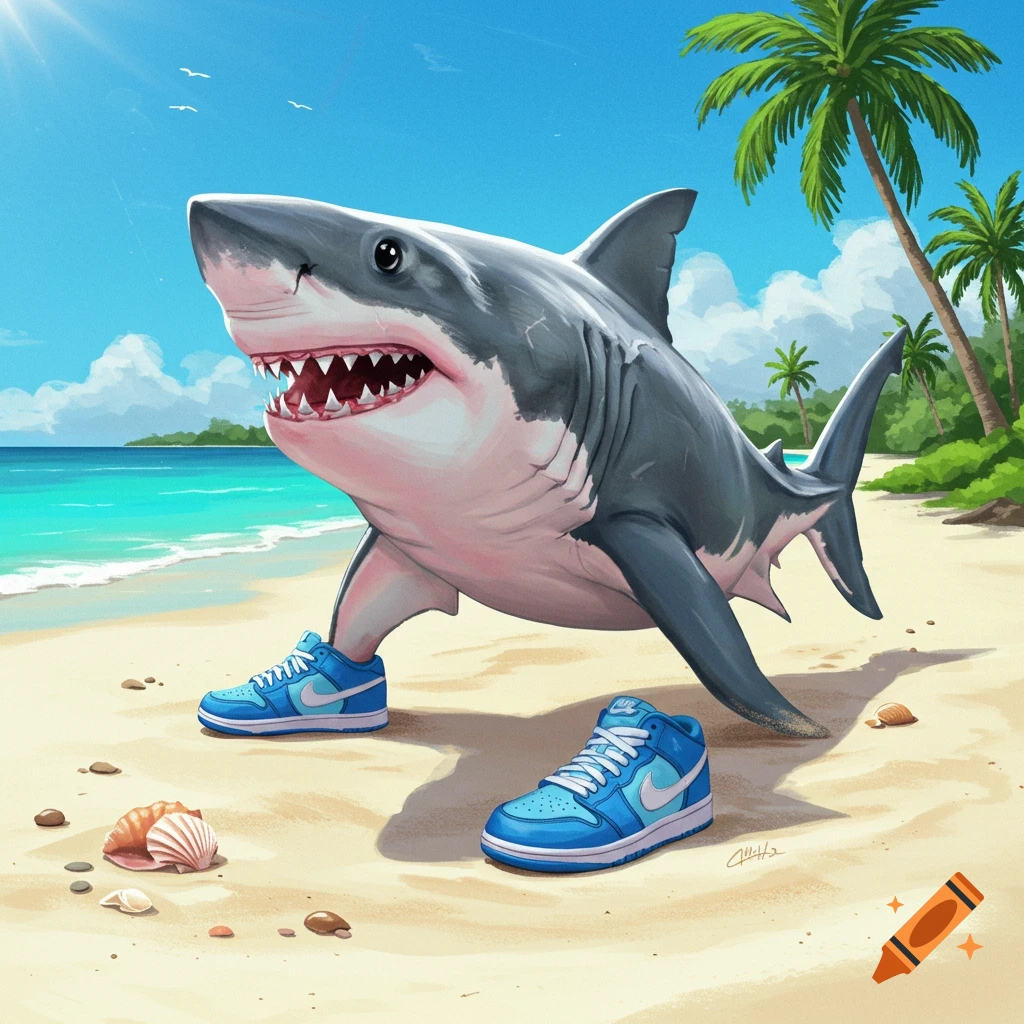 A cartoon shark wearing blue Nike sneakers stands on a sandy beach.
