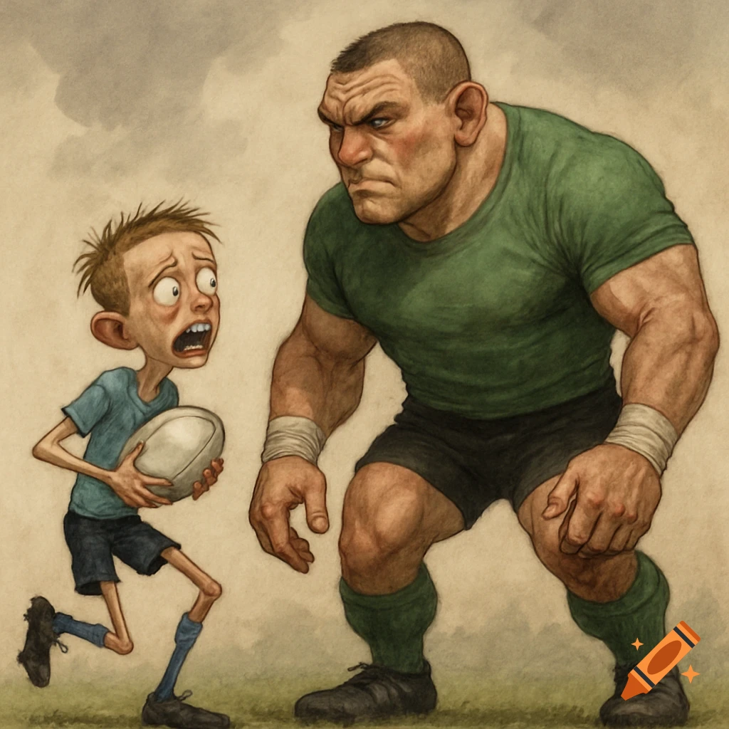Cartoon illustration of a scared kid with a rugby ball running from a large, muscular player.