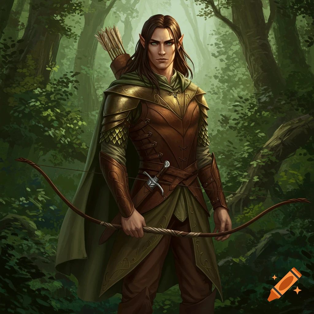 An Elvish ranger in a forest, holding a bow.