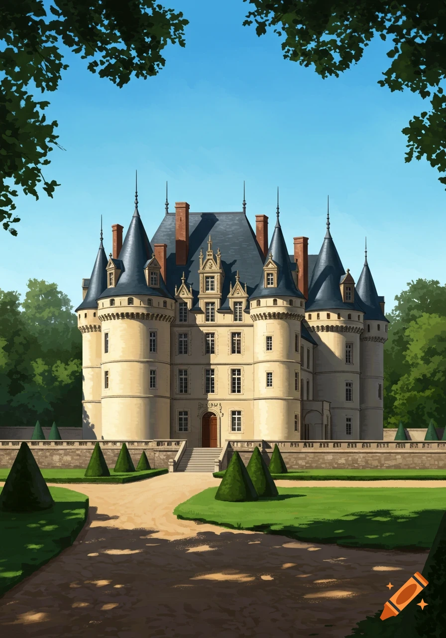 A grand castle with towers and gardens.