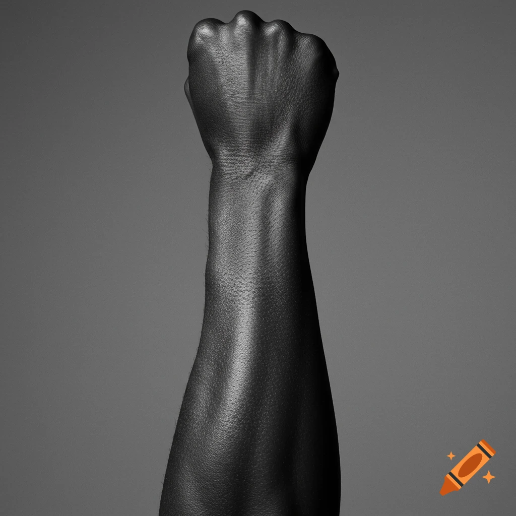 Black and white photo of a forearm with a closed fist held vertically against a grey background.