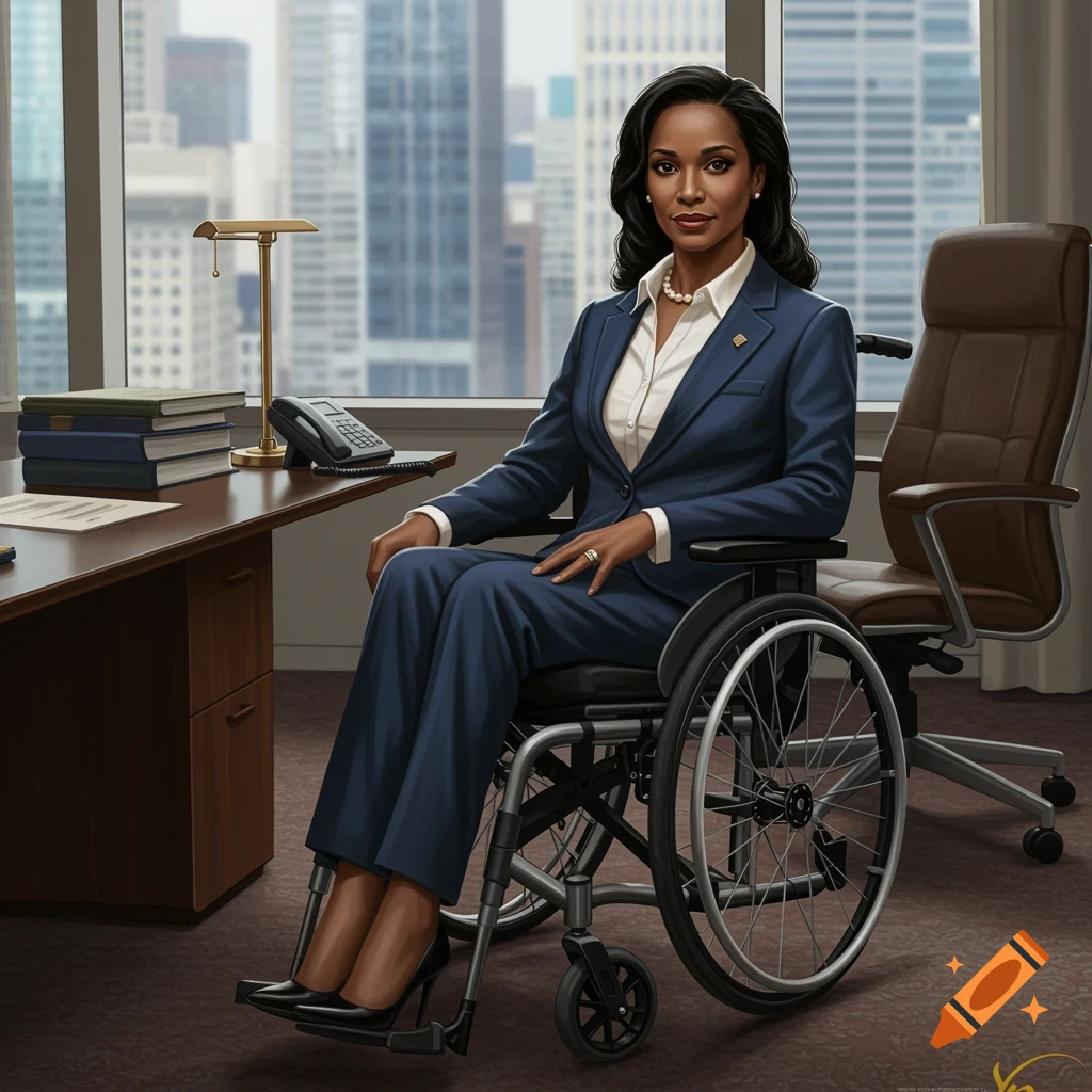 A businesswoman in a wheelchair is sitting at an office desk overlooking a city.