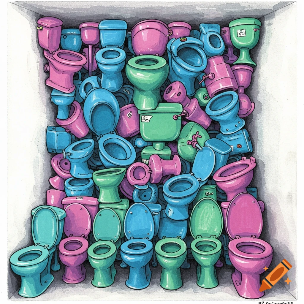 Digital illustration of dozens of pink, blue, and green toilets crammed into a small room.