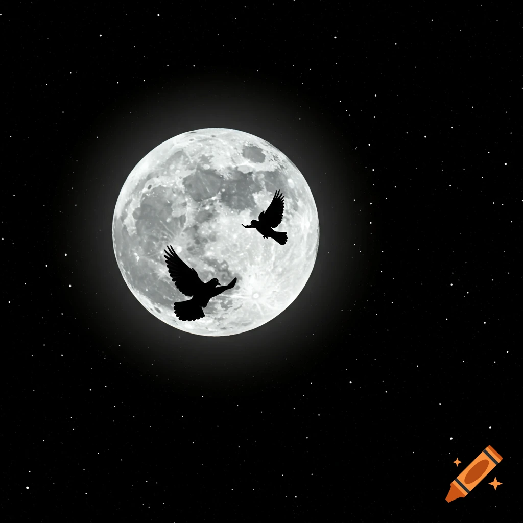 Two birds flying past a full moon at night.
