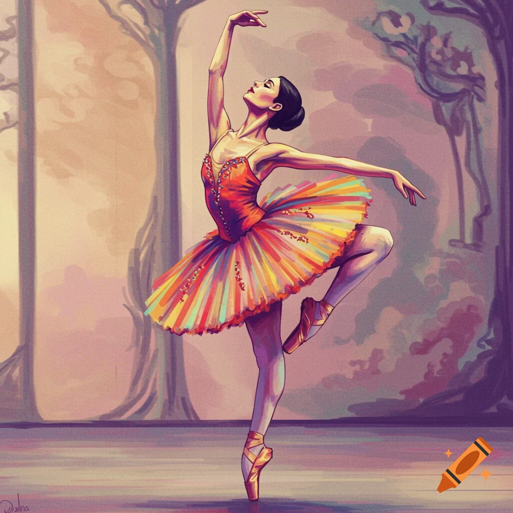 A ballerina en pointe in a vibrant, colorful tutu against a blurred background.