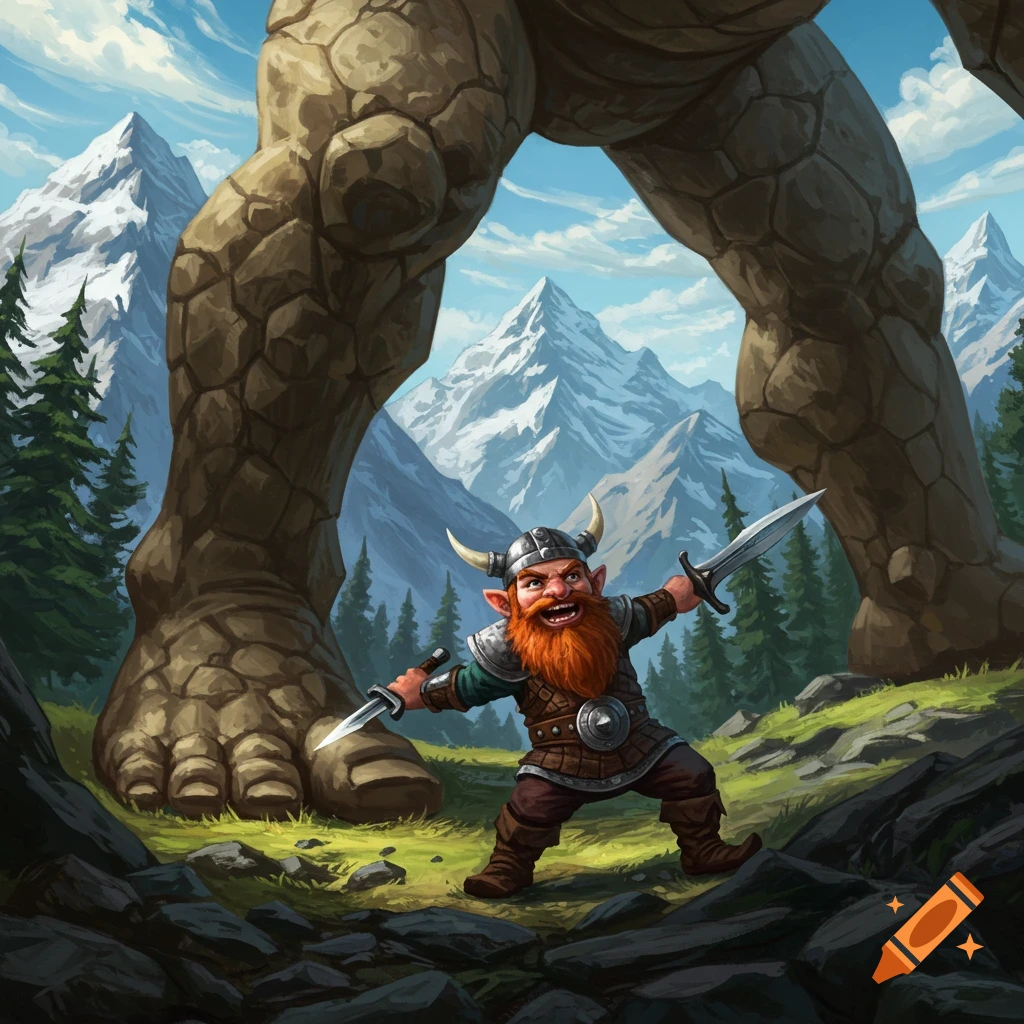 A gnome viking with daggers confronts a giant in a mountain landscape.