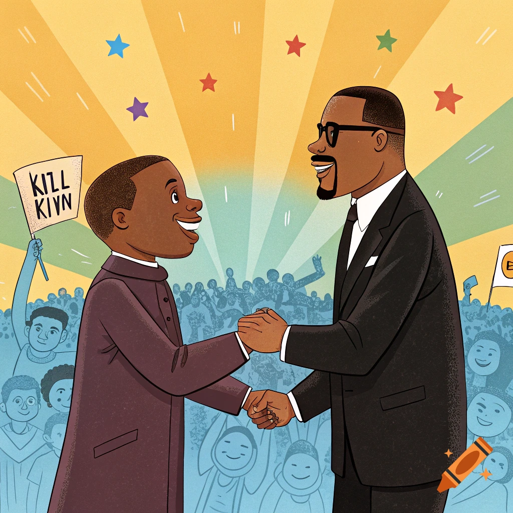 Two figures resembling MLK and Malcolm X shake hands in front of a crowd in a stylized cartoon.