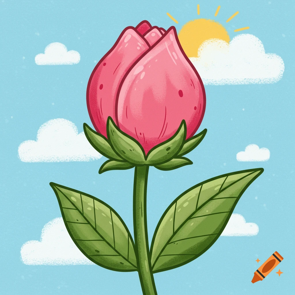 Cartoon illustration of a pink flower bud under a sunny sky with clouds.