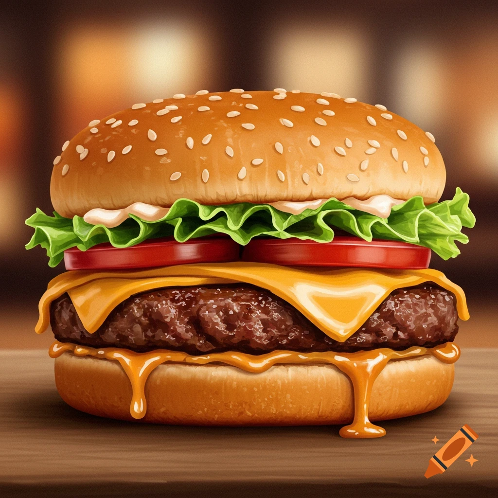 A close-up of a juicy burger with melting cheese, lettuce, and tomato on a sesame seed bun.