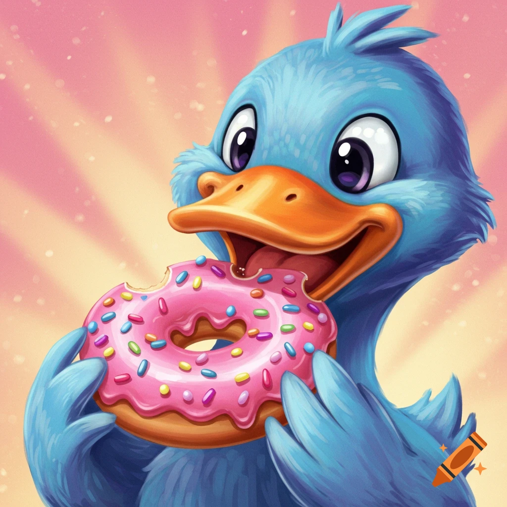 A cartoon blue duck eats a pink donut with sprinkles.