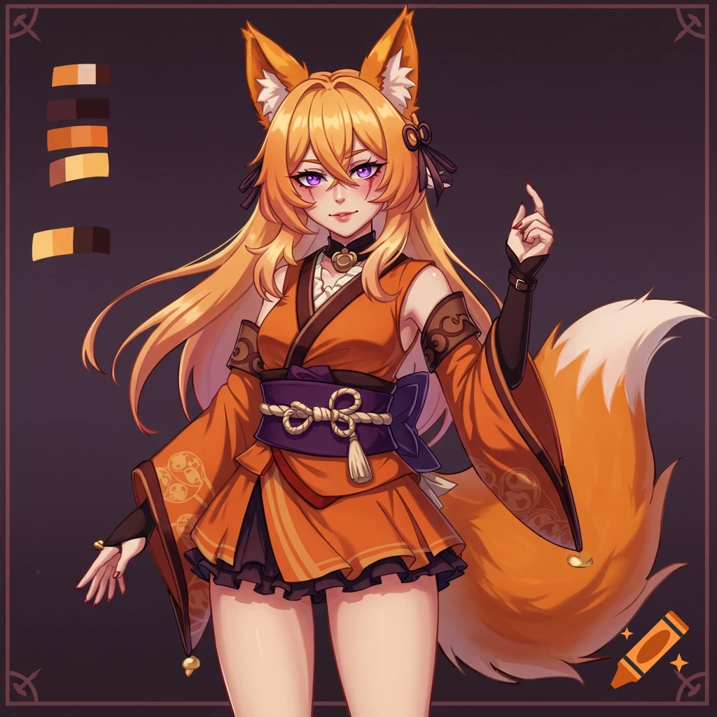 An anime-style fox girl character with orange hair and tail, wearing an orange and purple kimono.