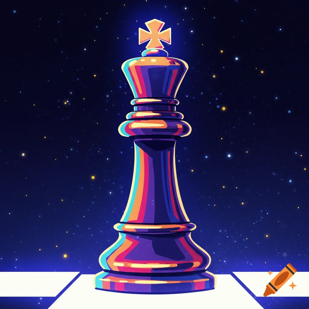 A colorful chess king piece stands out against a starry space background.