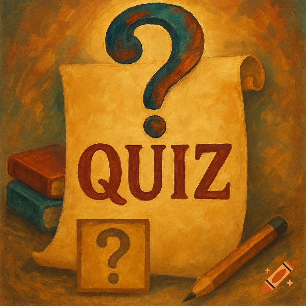 A large question mark, scroll with 'QUIZ', books, and a pencil are shown.