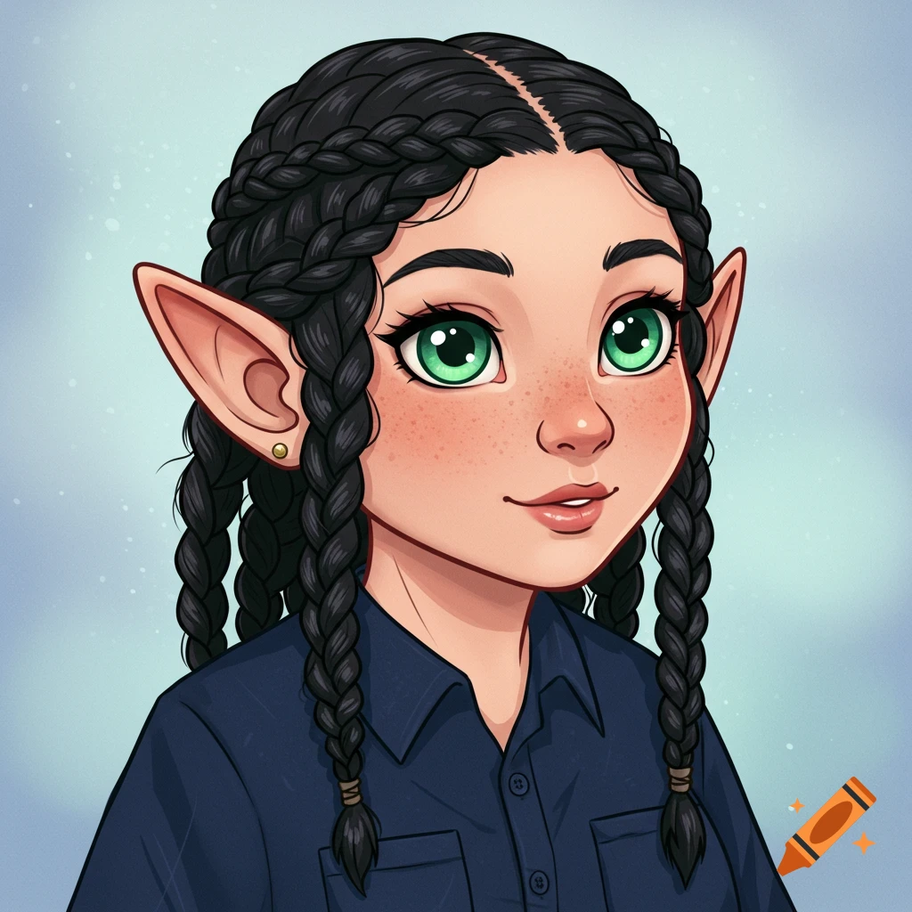 Cartoon portrait of a female fantasy character with long black braided hair, green eyes, and pointed ears, wearing a navy blue shirt.