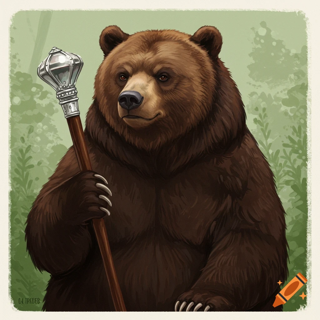 A bear holding a silver-topped staff