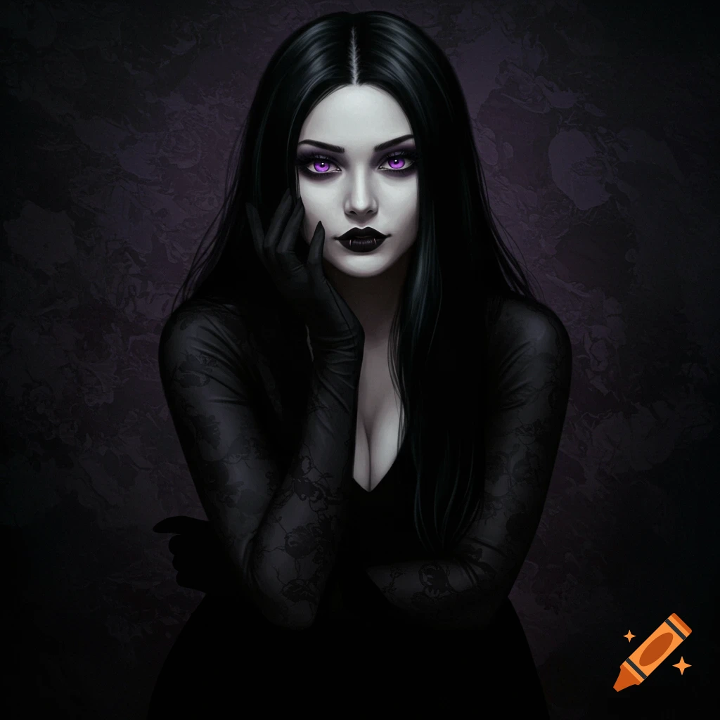 Gothic portrait of a woman with pale skin, purple eyes, and black hair in a black lace dress and gloves.