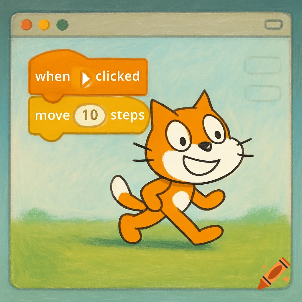 Scratch Cat running with 'when clicked' and 'move 10 steps' code blocks.