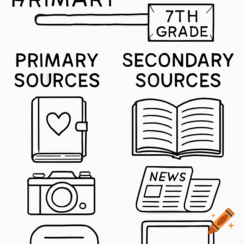 Line drawing showing examples of primary and secondary sources for 7th grade, including books, cameras, and newspapers.