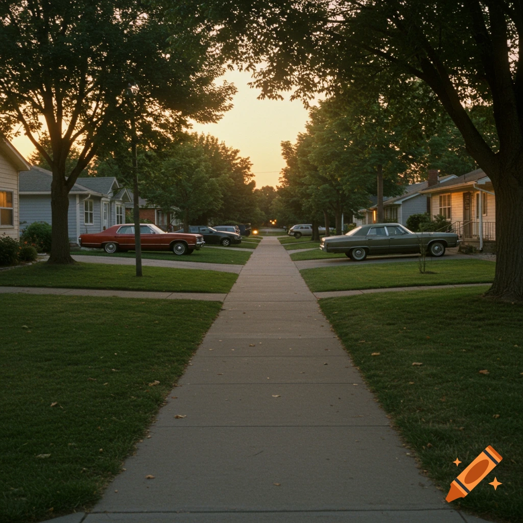A photorealistic image of a suburban street scene with cars and houses at sunset, evoking the 1970s.