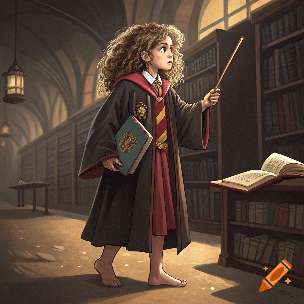 Illustration of a young girl in wizard robes holding a book and wand in a library.