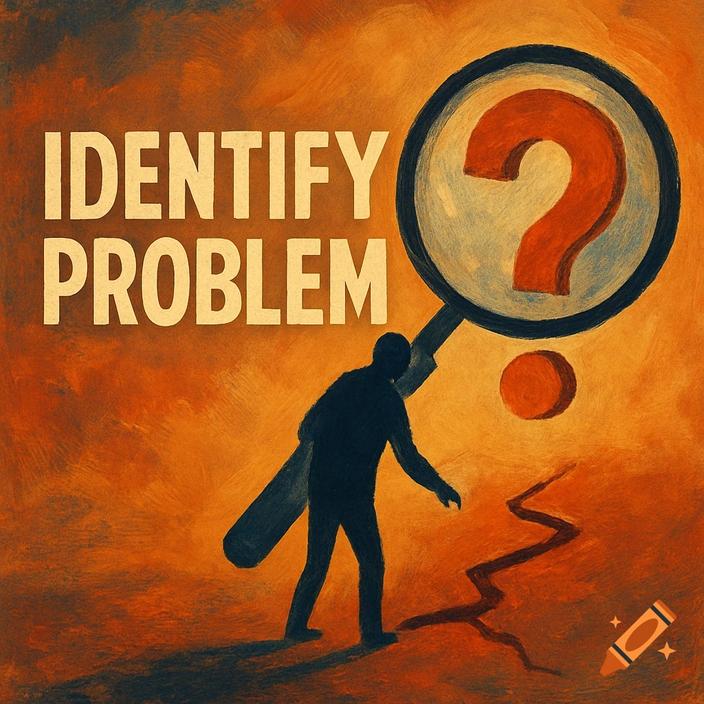 A person with a magnifying glass examines a problem, with text IDENTIFY PROBLEM.