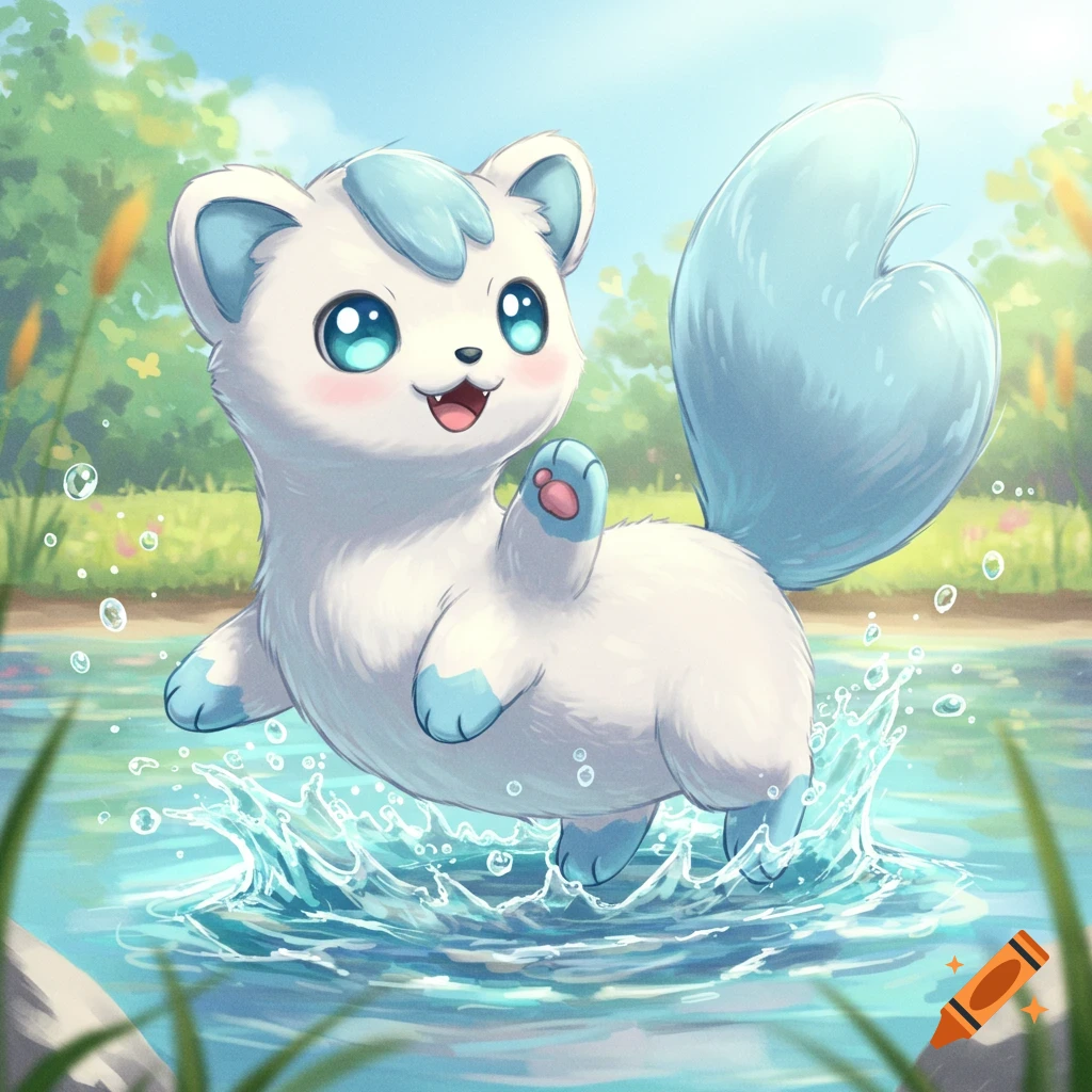 A cute white and blue furry creature with big eyes splashes in the water.