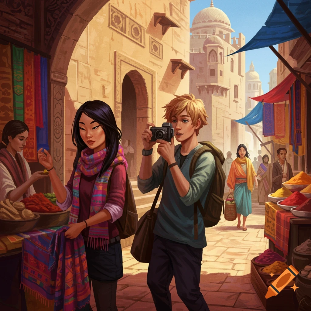 Tourists browsing stalls in a vibrant market street