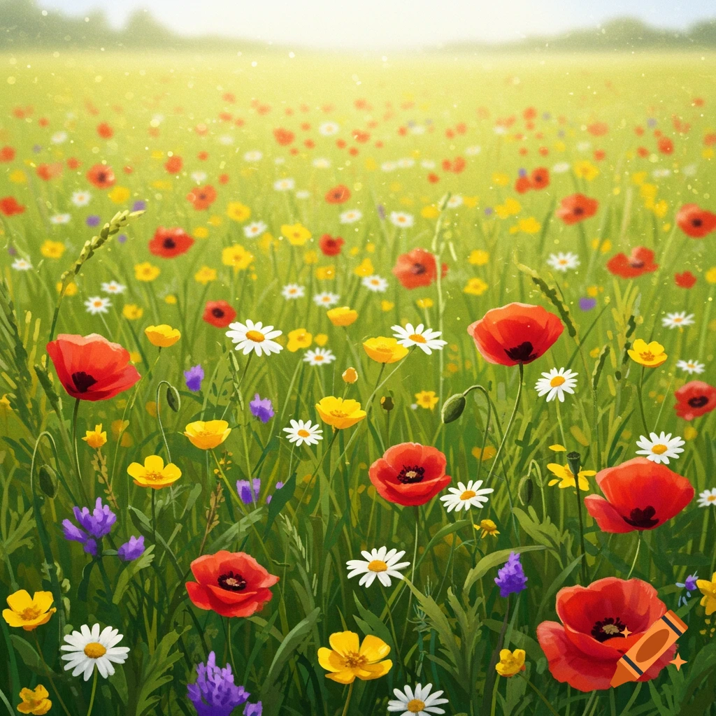 A vibrant field of red poppies, white daisies, and yellow buttercups in bright sunshine.