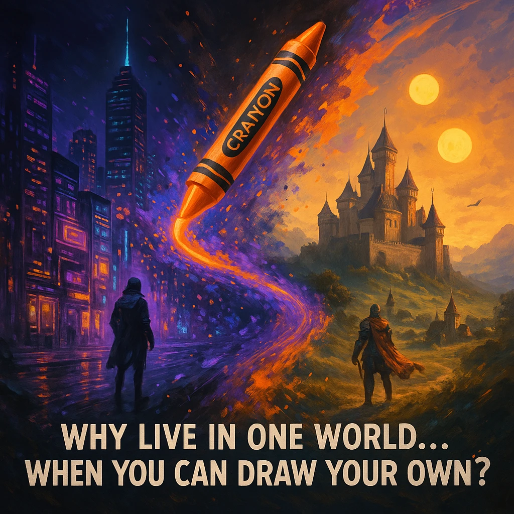 Fantasy scene blending cyberpunk city and medieval kingdom with floating crayon 'CRAIYON' text