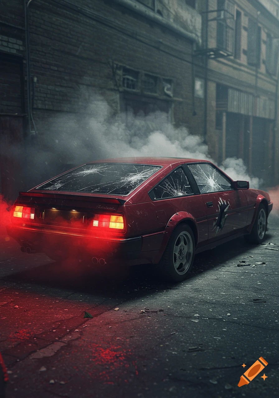 A red sports car with broken windows and smoke in a grungy urban alley